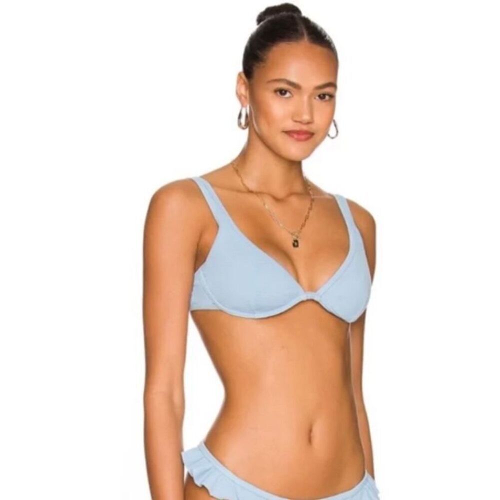 Minkpink Revolve Spero Swim Bikini Top Corn Blue Textured Tie‎ Back XS NWT Beach